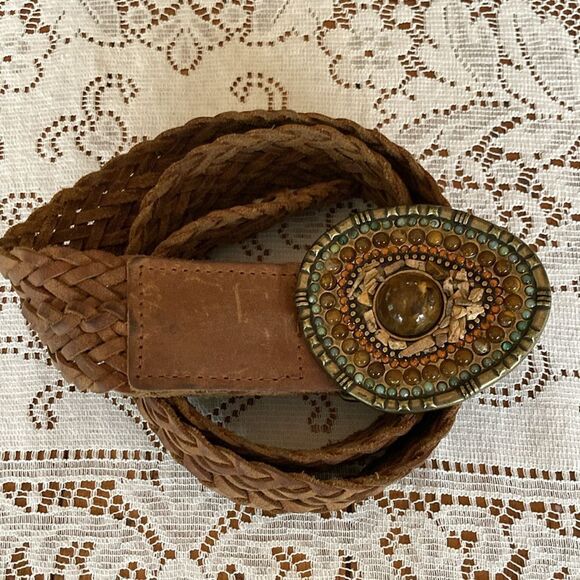 Woven Brown Leather Belt with Beaded Statement Buckle main image 4